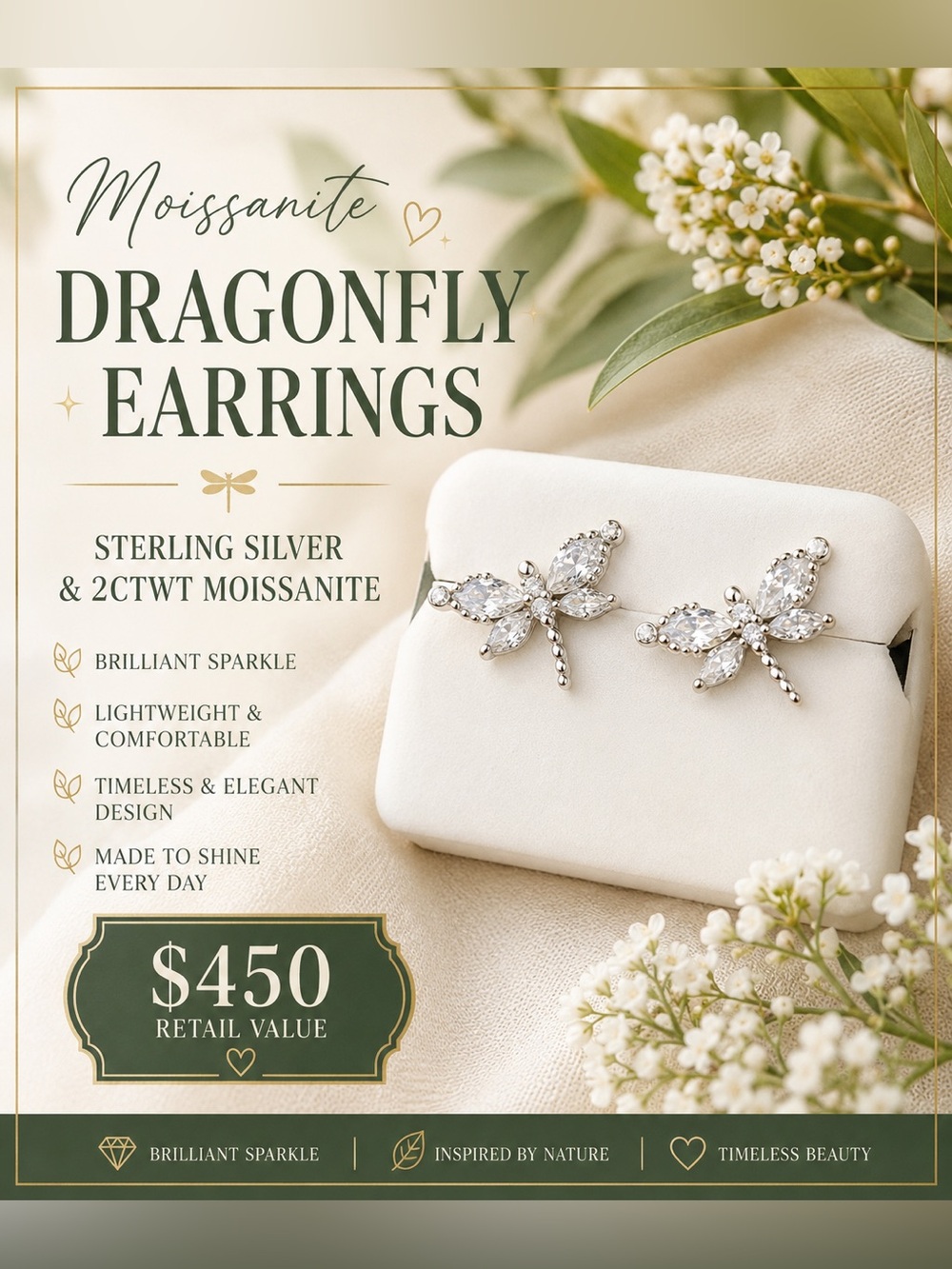 Dragonfly Earrings- Sterling Silver & 2ctwt Moissanite- $450 retail